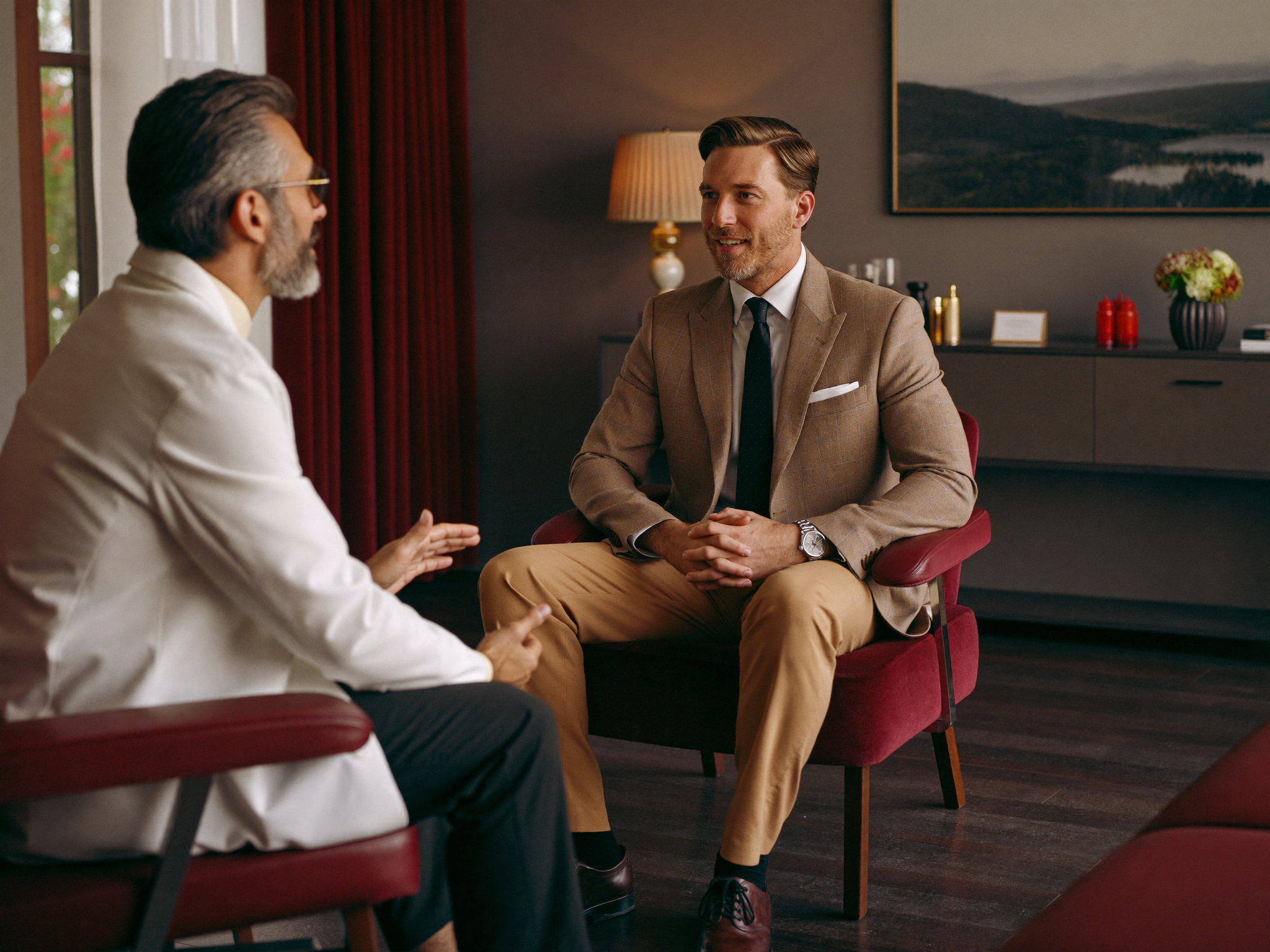 A warm, unhurried private consultation between the surgeon and a male patient in the discreet clinic