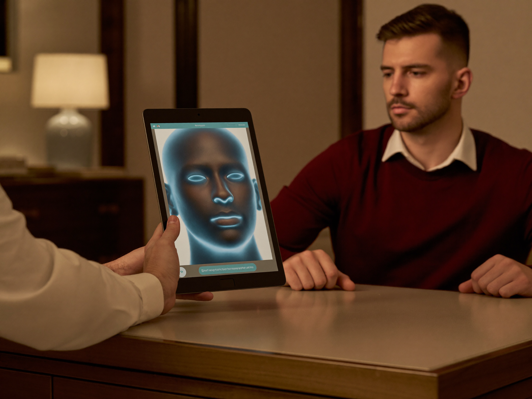 A 3D facial simulation on a tablet, shown to a professional man during a discreet private consultation