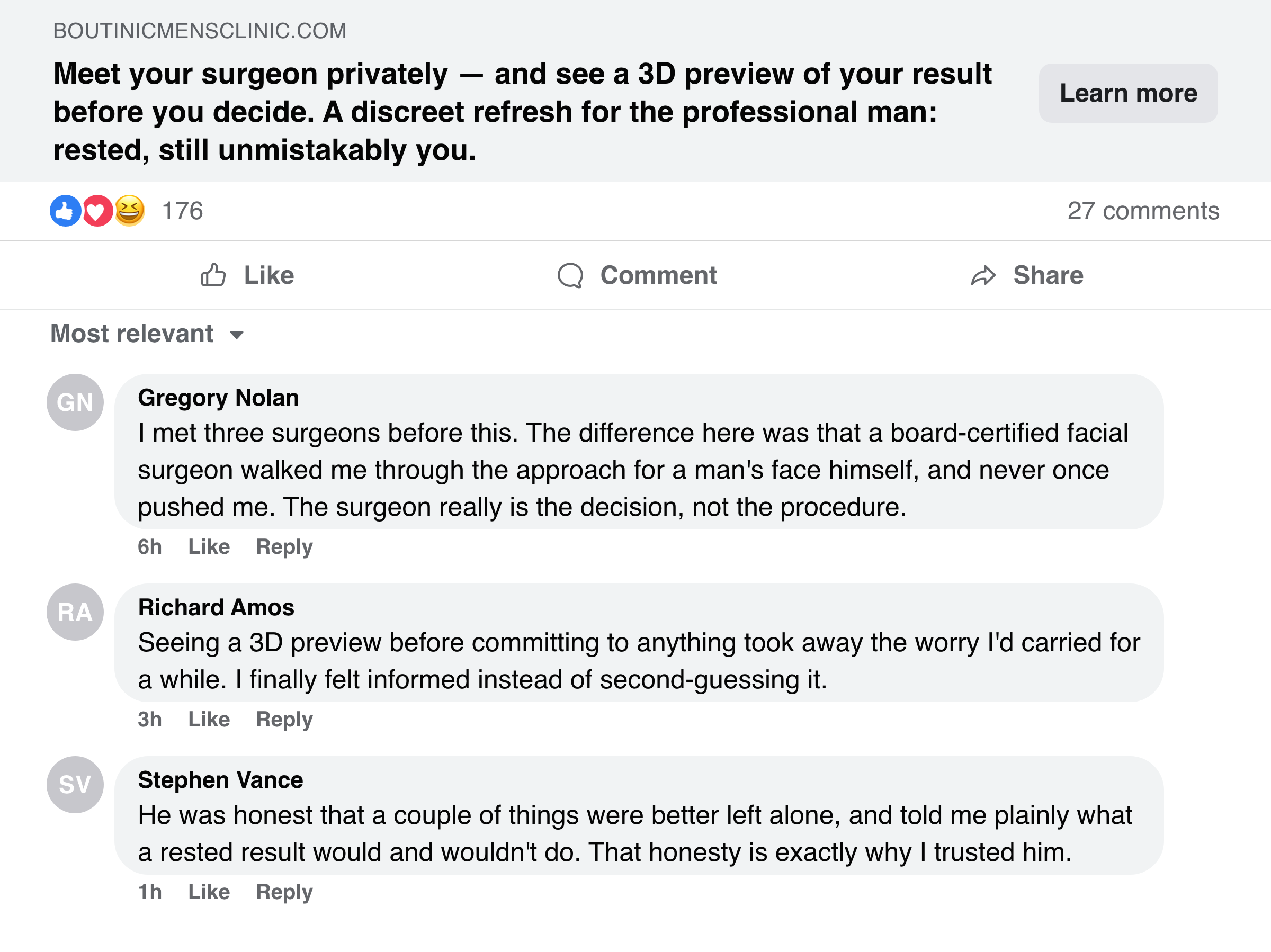 Facebook post and comments about meeting the surgeon and seeing a 3D preview