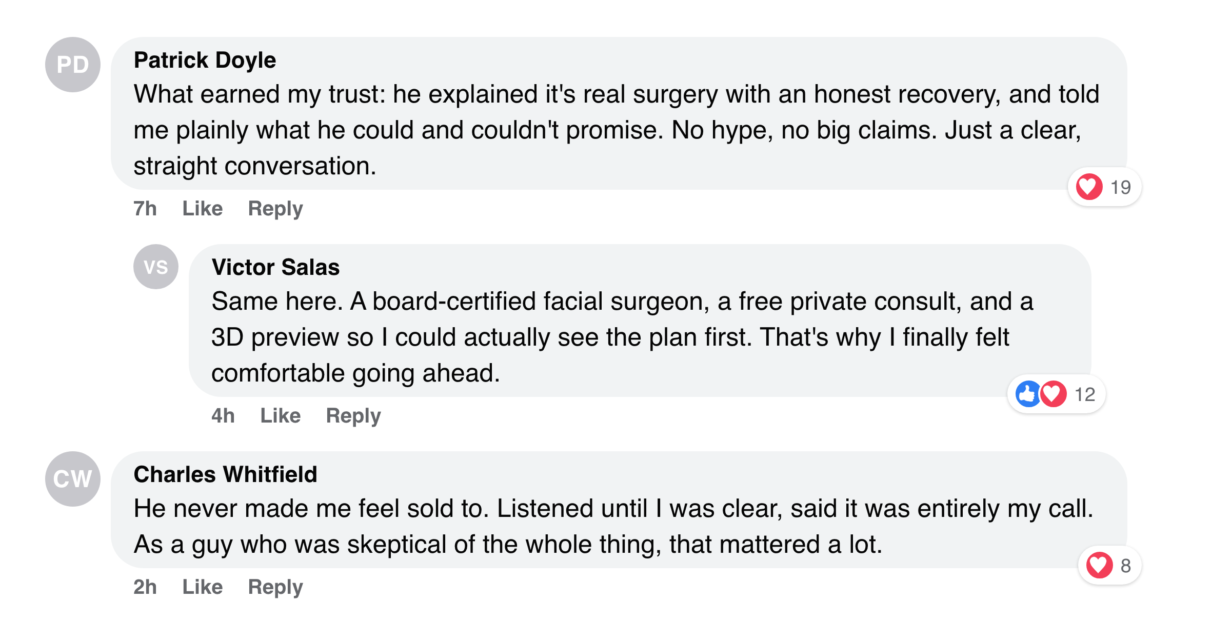 Facebook comments about feeling heard and honestly advised