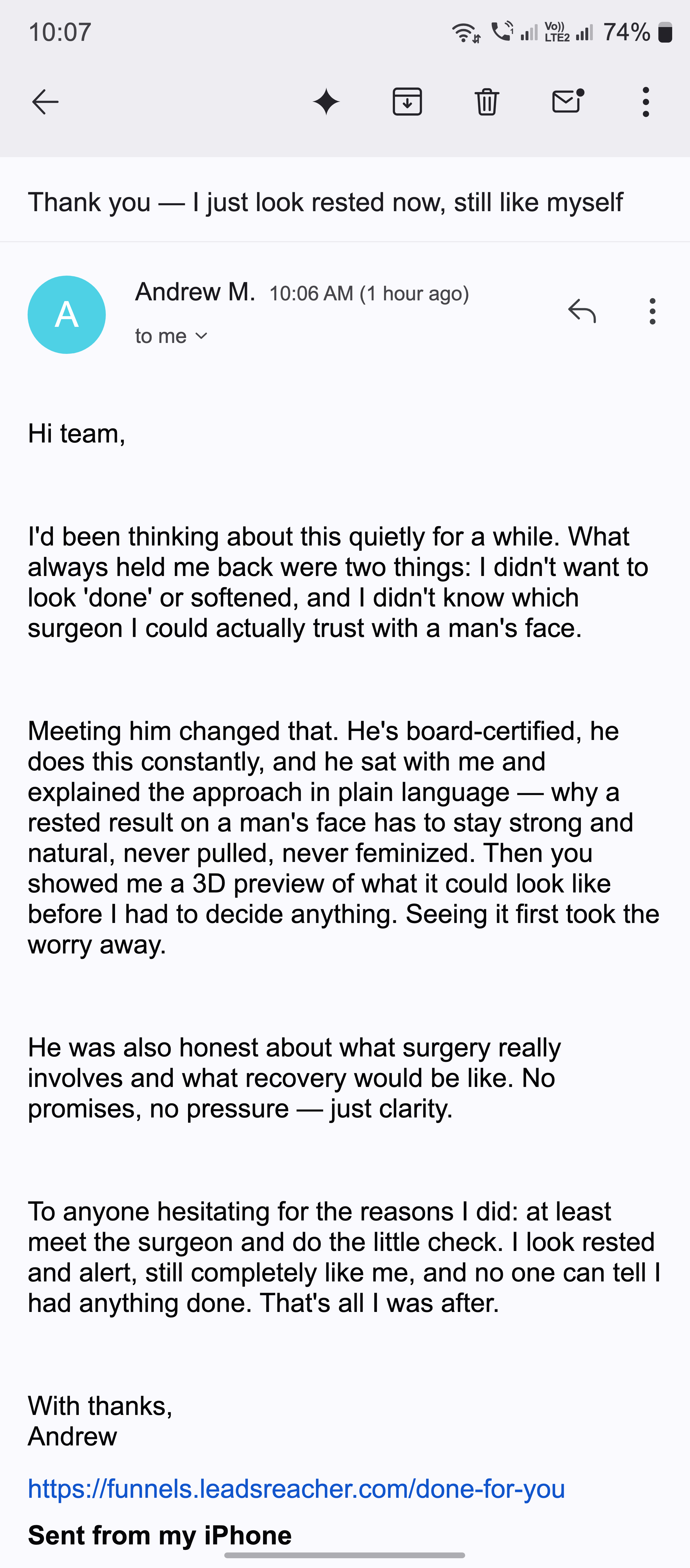 Thank-you email about a rested, natural result and an honest consultation