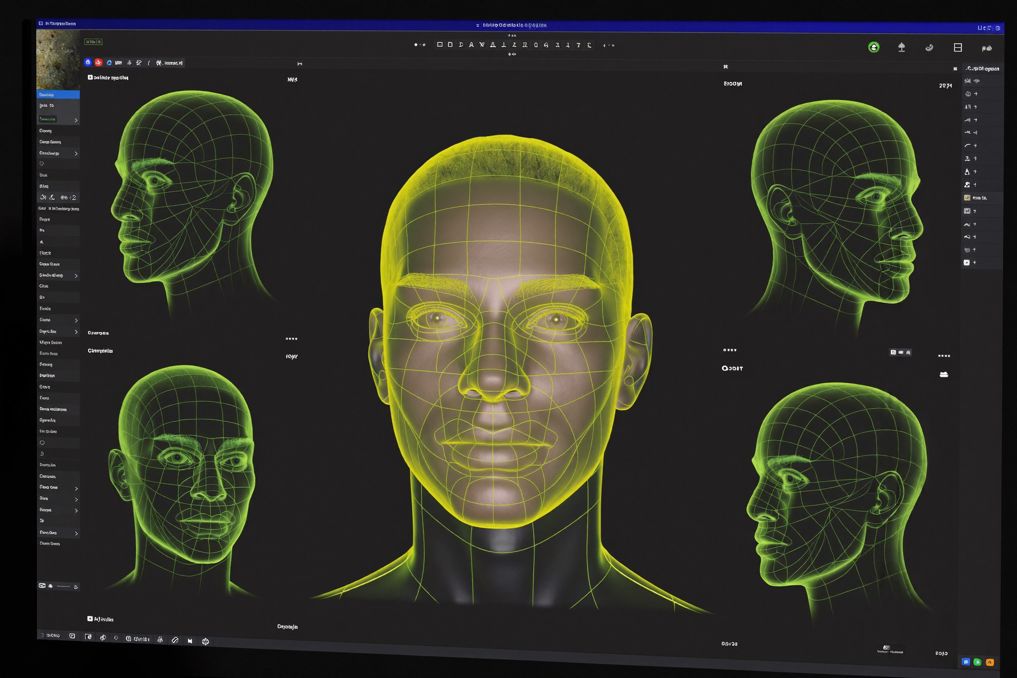 A 3D facial simulation interface showing a translucent wireframe render of a man's face with lime-green contour lines on a dark clinic screen