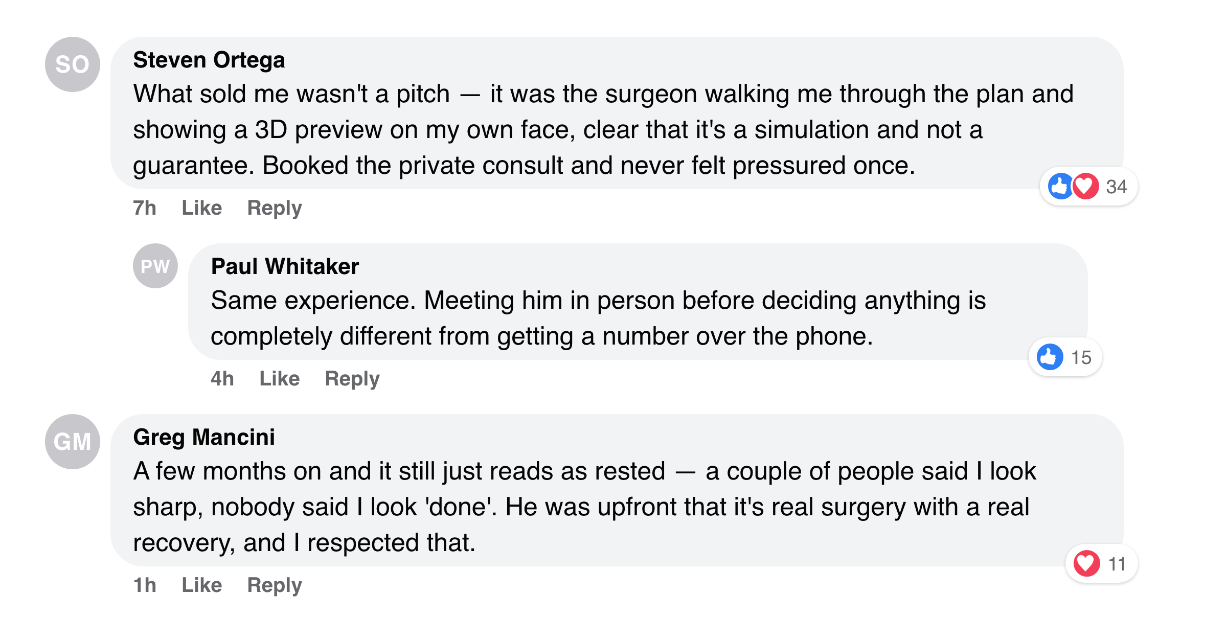 Facebook comments from men about a natural, rested result that nobody clocked as surgery