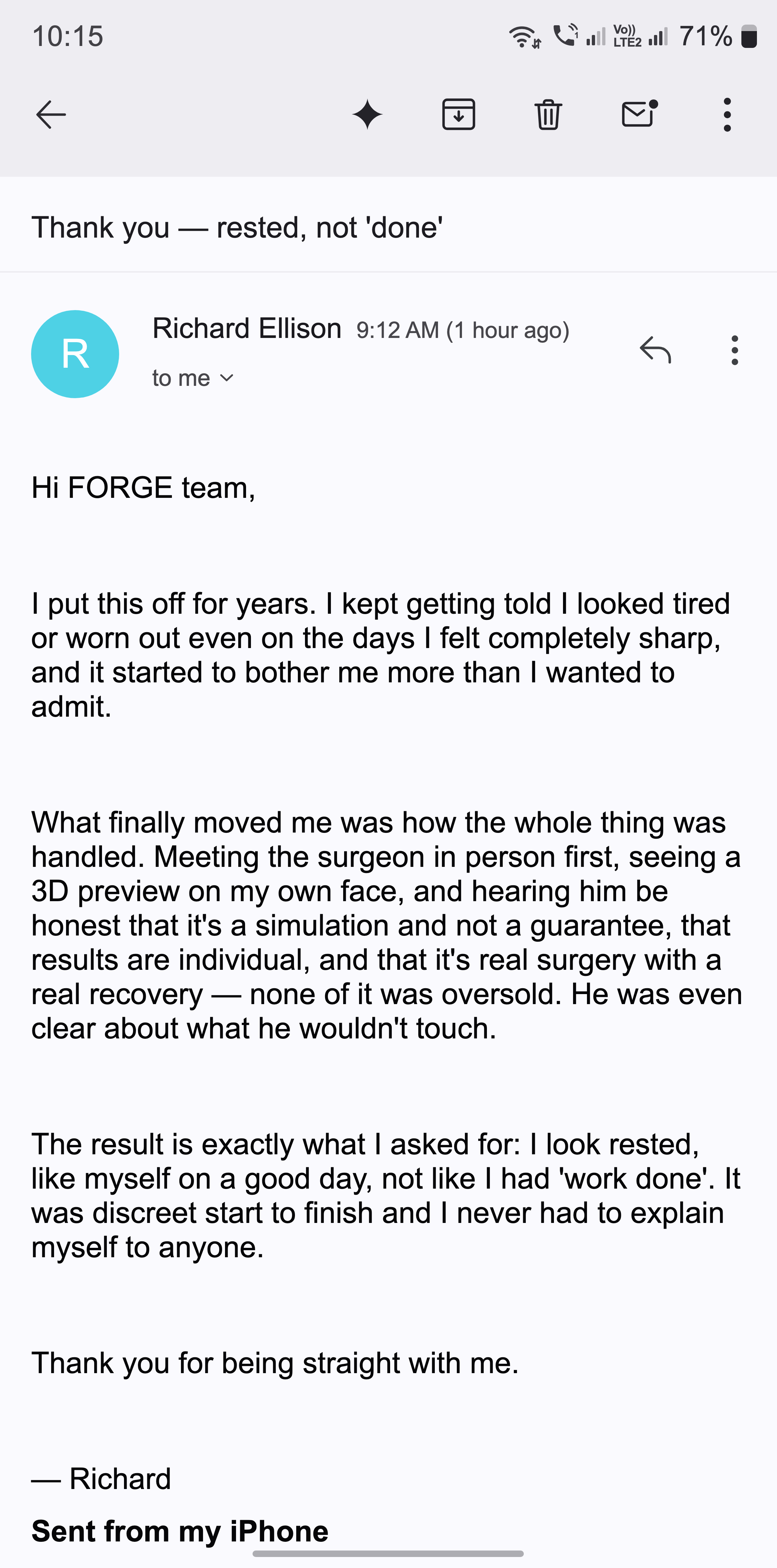 A thank-you email from a man who looks rested, not 'done', after a discreet refresh