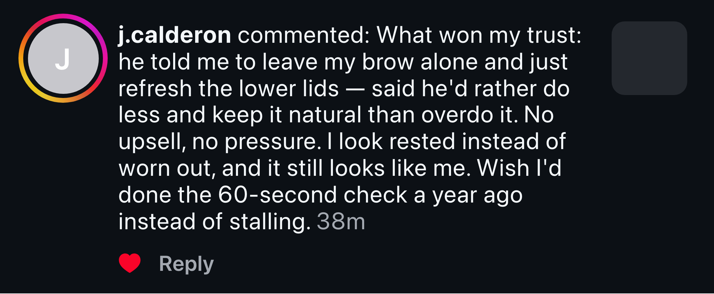 Instagram comment from a man whose surgeon told him to do less and keep it natural