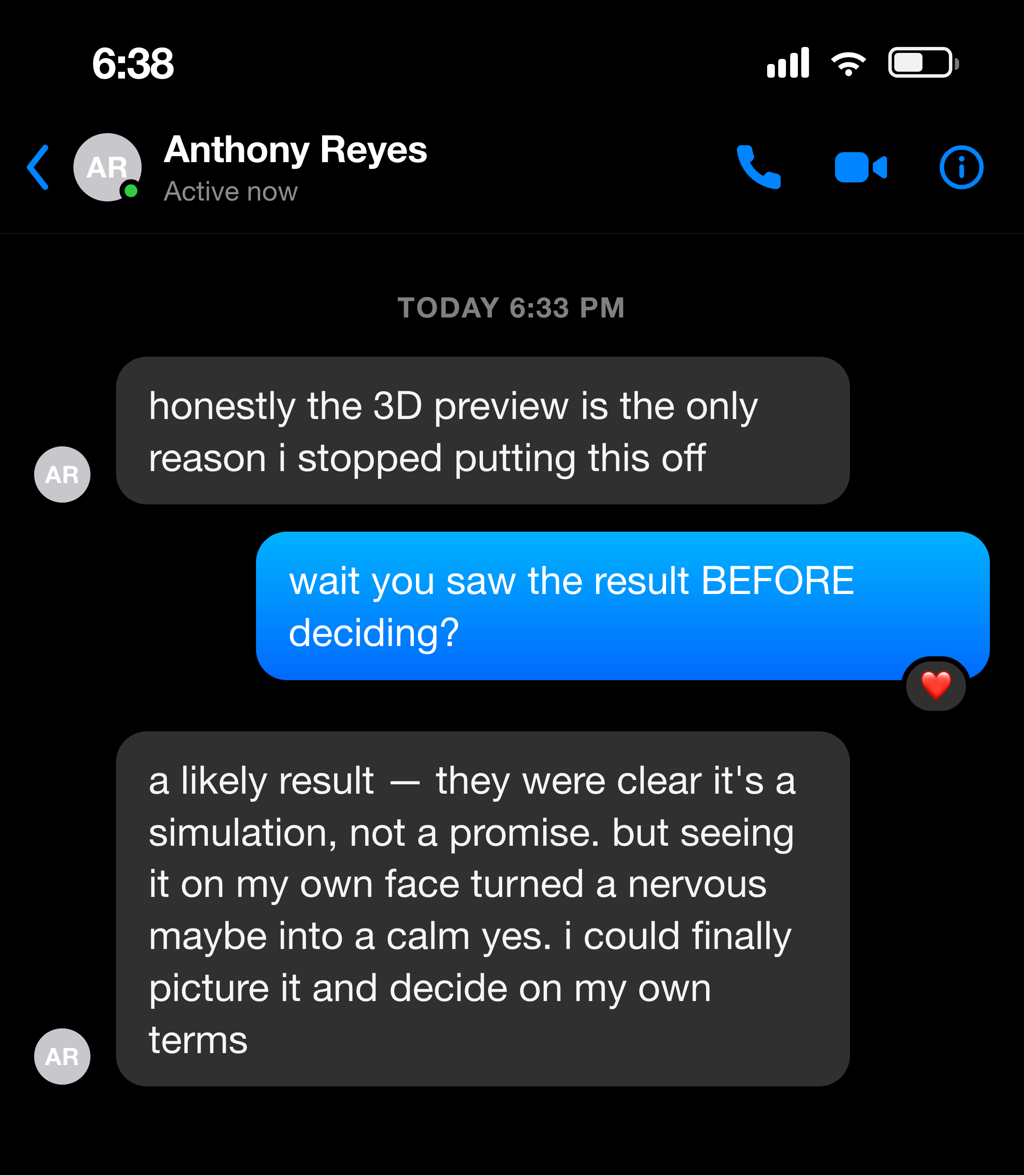 Messenger note about the 3D preview making the decision feel calm and certain