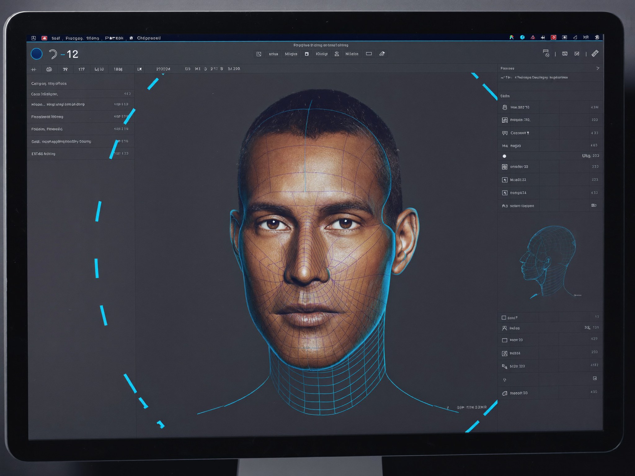 A 3D facial surgical-planning interface showing a measured digital simulation of a man's face