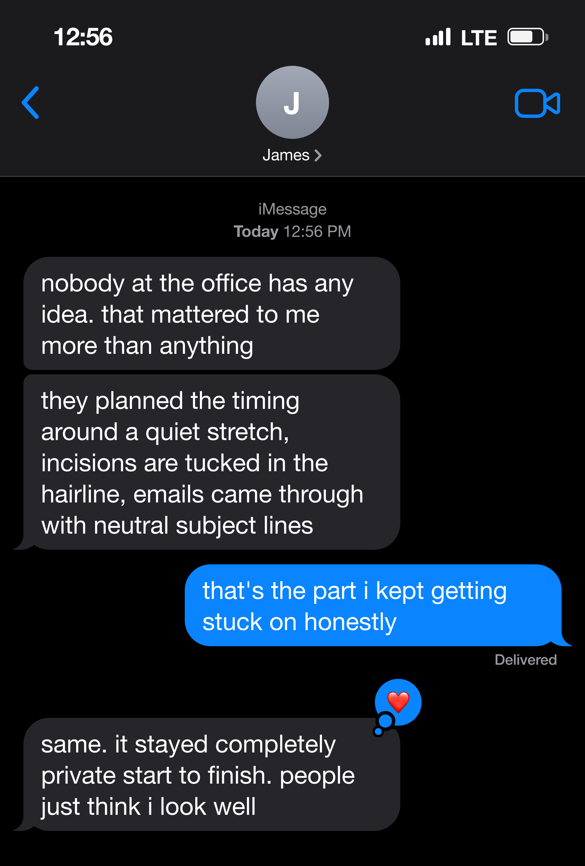 Text message: it stayed completely discreet, no one at work knew