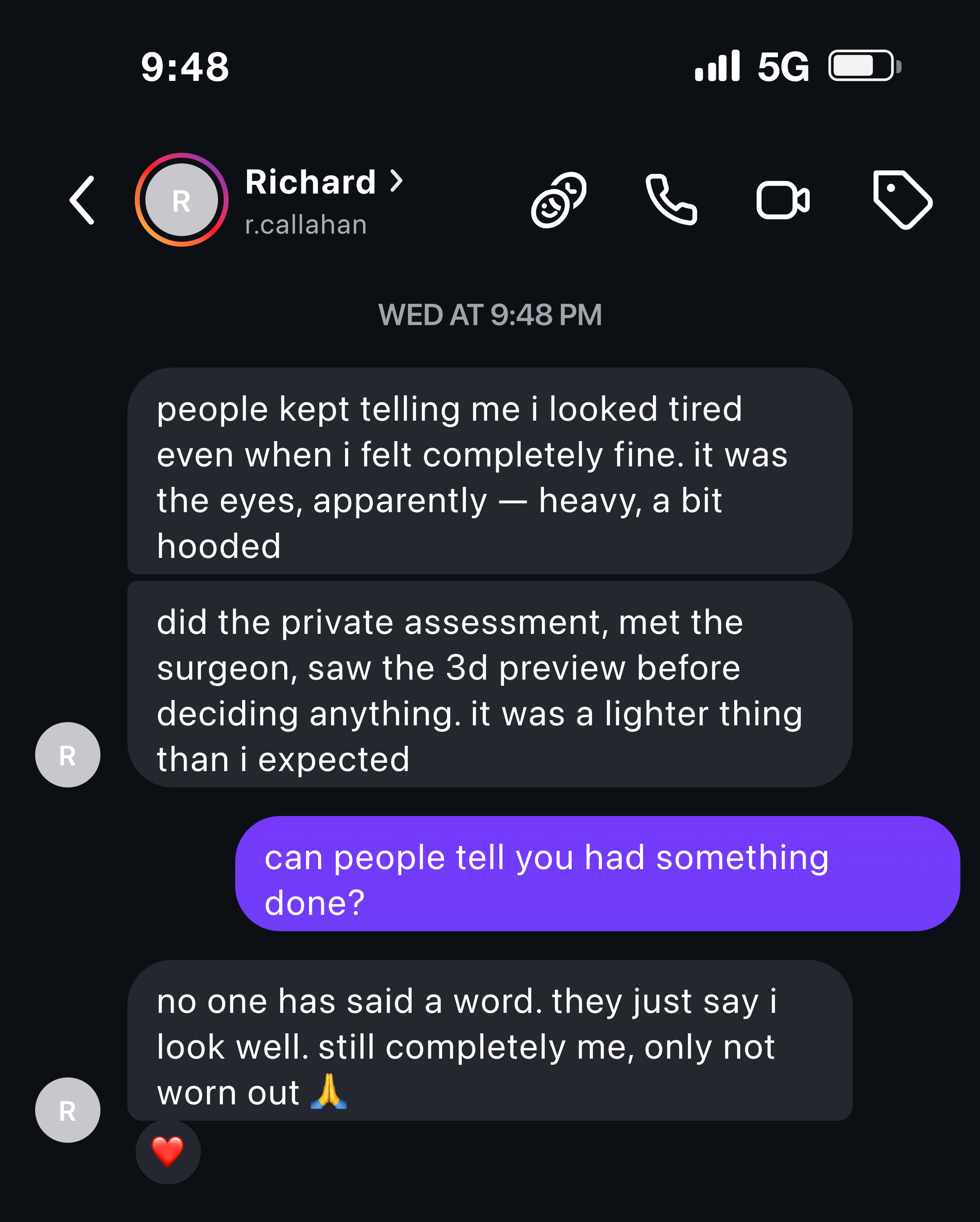 Instagram DM — a man on finally looking rested after his eyes were refreshed.